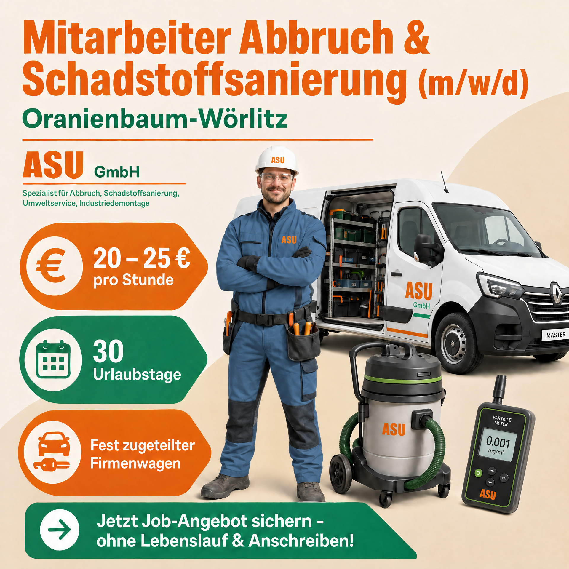 Kampagnenmotiv für Abbruch und Schadstoffsanierung mit Mitarbeiter und Firmenwagen